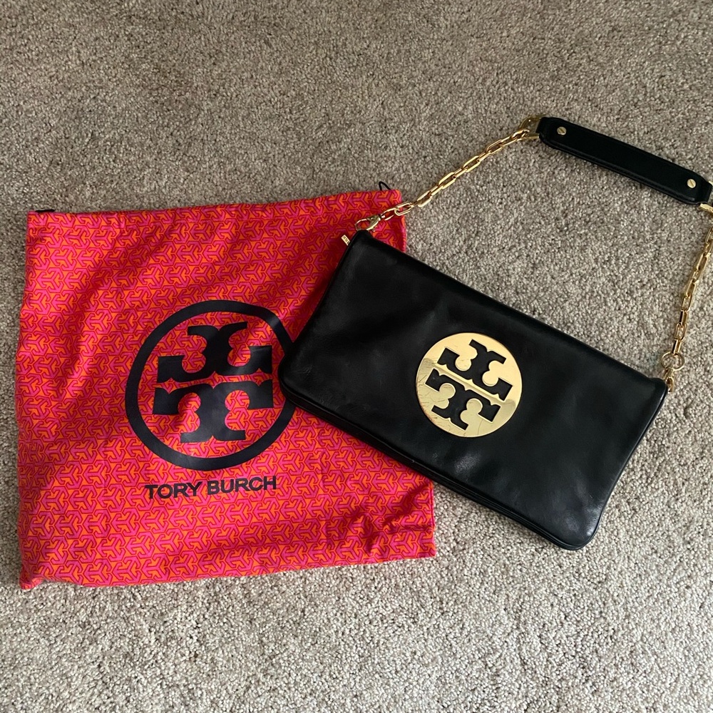 Tory Burch black and gold clutch